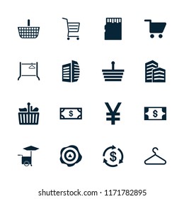 Store icon. collection of 16 store filled icons such as money, business center, shopping basket, shopping cart, shopping bag, hanger. editable store icons for web and mobile.