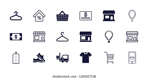 Store icon. collection of 18 store filled and outline icons such as hanger, forklift, clothes on hanger, shopping bag, dollar card. editable store icons for web and mobile.