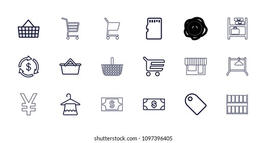 Store icon. collection of 18 store outline icons such as hanger, money, shopping cart, tag, shopping bag, memory card. editable store icons for web and mobile.