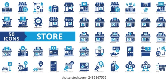 Kollektion des Speichersymbols festgelegt. Enthält Einzelhandel, Einkaufszentren, Kaufhaus, Trolley, Lebensmittel, Treueprogramm, Marken-Aktionen-Symbol. Einfache flache Vektorillustration.