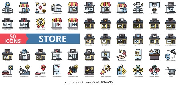 Store icon collection set. Containing retail, shopping centers, department store, trolley, groceries, loyalty program, brands promotions icon. Simple flat outline vector illustration