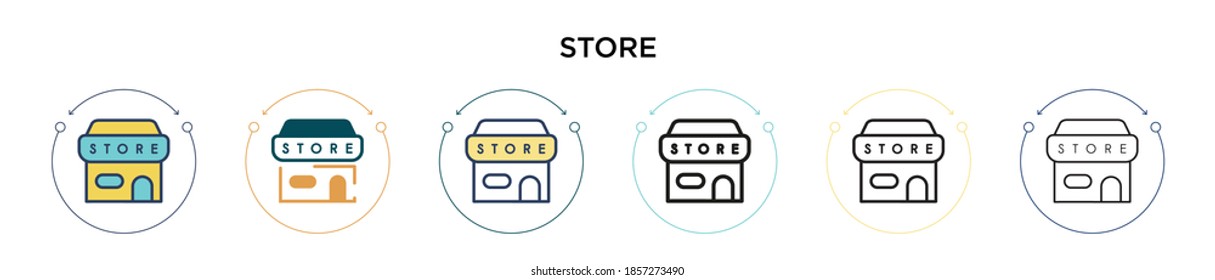Guarde el icono en el estilo relleno, delgado, de contorno y de trazo. Ilustración vectorial de dos diseños de iconos vectoriales coloridos y negros de la tienda pueden utilizarse para móviles, ui, web
