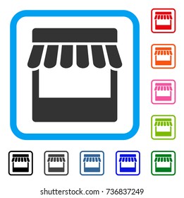 Store icon. Flat gray pictogram symbol in a light blue rounded rectangle. Black, gray, green, blue, red, orange color versions of Store vector. Designed for web and software interfaces.