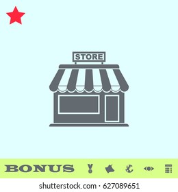 Store icon flat. Grey pictogram on blue background. Vector illustration symbol and bonus buttons medal, cow, earth, eye, calculator