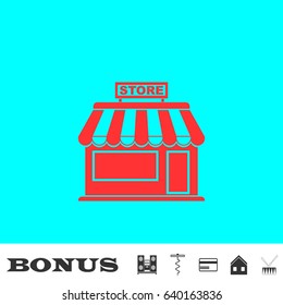 Store icon flat. Red pictogram on blue background. Vector illustration symbol and bonus buttons Music center, corkscrew, credit card, house, drum