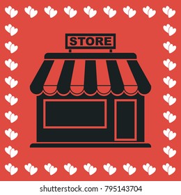 Store icon flat. Simple black pictogram on red background with white hearts for valentines day. Vector illustration symbol