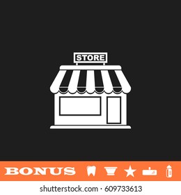 Store icon flat. White pictogram on black background. Vector illustration symbol and bonus button tooth, vase, star, mirror, bottle