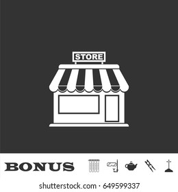 Store icon flat. White pictogram on black background. Vector illustration symbol and bonus icons