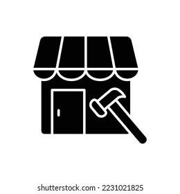 Store icon illustration with hammer. glyph icon style. suitable for store repair icon. icon related to e-commerce. Simple vector design editable. Pixel perfect at 32 x 32