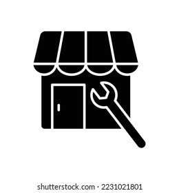 Store icon illustration with wrench. glyph icon style. suitable for store repair icon. icon related to e-commerce. Simple vector design editable. Pixel perfect at 32 x 32