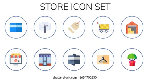 store icon set. 10 flat store icons.  Simple modern icons such as: credit card, online shop, clothing, price tag, credit cards, cart, hanger, warehouse, gift