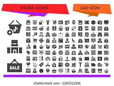  store icon set. 120 filled store icons. Simple modern icons about  - Basket, Sale, Mall, Store, Sale time, Package, Opener, Shopping cart, Gift card, Shopping online, Sd card