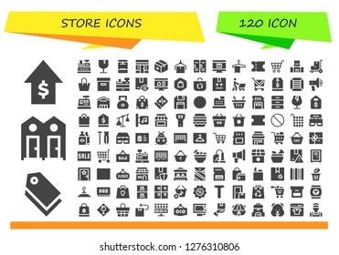  store icon set. 120 filled store icons. Simple modern icons about  - Sales, Tag, Dressing room, Cash register, Fragile, Locker, Grocery, Package, Lockers, Online shop, Hanger