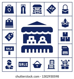  store icon set. 17 filled store icons.  Simple modern icons about  - Shopping bag, Tag, Grocery, Sale, Package, Sd card, Pharmacist, Jeans, Shop, Shopping basket, Coupon, Shopping center