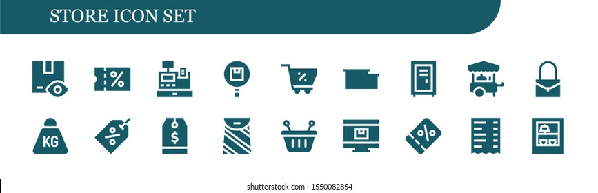 store icon set. 18 filled store icons.  Collection Of - Package, Sale, Cash register, Shopping cart, Warehouse, Locker, Food cart, Bag, Weight, Tag, Basket, Online shop icons