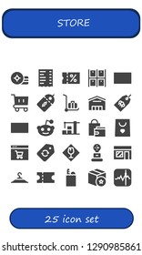  store icon set. 25 filled store icons. Simple modern icons about  - Weight, Receipt, Sale, Warehouse, Gift card, Shopping cart, Price label, Delivery cart, Supermarket, Tag, Reddit