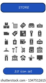 store icon set. 25 filled store icons.  Collection Of - Package, Basket, Coupon, Shop, Open, Warehouse, Tag, Box, Opener, Price tag, Groceries, Bag, Online shop, Clothing hanger