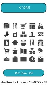 store icon set. 25 filled store icons.  Simple modern icons about  - Wardrobe, Screw, Shopping cart, Grocery, Cash register, Package, Shopping basket, Side up, Coupon, Wishlist