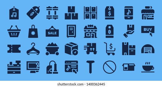 store icon set. 32 filled store icons. on blue background style Collection Of - Label, Shopping basket, Coupon, Cash register, Price label, Shopping bag, Hanger, Display, Weights
