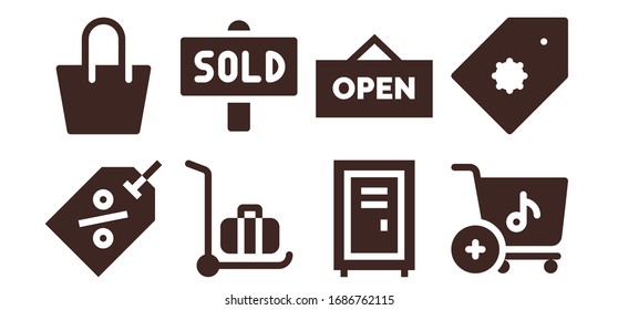 store icon set. 8 filled store icons.  Simple modern icons such as: Tag, Bag, Delivery cart, Sold, Locker, Open, Shopping cart, Price tag