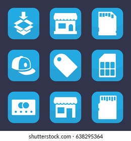 Store icon. set of 9 filled store icons such as credit card, baseball cap, box, memory card, store