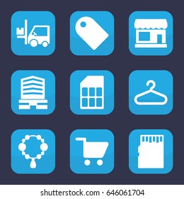 Store icon. set of 9 filled store icons such as store, necklace, hanger, business center, forklift, shopping cart, memory card