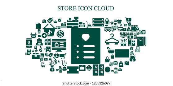  store icon set. 93 filled store icons. Simple modern icons about  - Wishlist, Cash register, Tag, Delivery cart, Box, Fragile, Lockers, Weight, Coupon, Package, Basket, Shopping bag