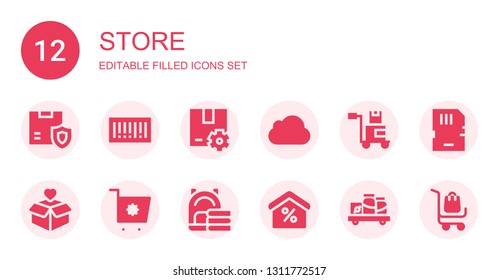 store icon set. Collection of 12 filled store icons included Box, Barcode, Package, Icloud, Shopping cart, Bag, Discount, Shelf, Memory card, Delivery cart