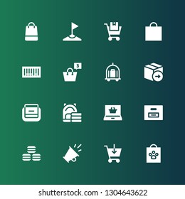 store icon set. Collection of 16 filled store icons included Shopping bag, Shopping cart, Promotion, Macarons, Box, Shopping online, Bag, Package, Trolley, Barcode, Corner