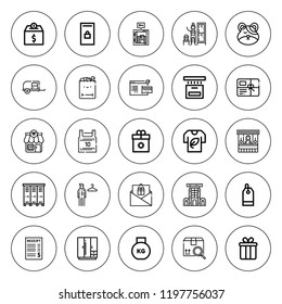 Store icon set. collection of 25 outline store icons with basketball jersey, cart, changing room, box, cardboard, food stand, gift card, hamster, gift icons. editable icons.