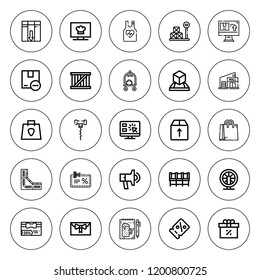 Store icon set. collection of 25 outline store icons with bag, cabinet, channel, box, coupon, gift card, hamster, gift, mall, online shop, package icons. editable icons.