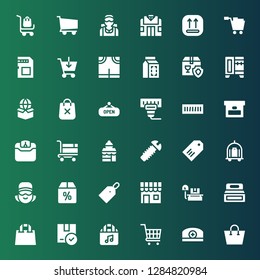 store icon set. Collection of 36 filled store icons included Shopping bag, Pharmacist, Shopping cart, Package, Box, Weight, Shop, Price tag, Offer, Cashier, Trolley, Label, Screw