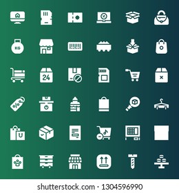 store icon set. Collection of 36 filled store icons included Macaron, Screw, Package, Store, Cart, Shopping bag, Shop, Rabbit hutch, Receipt, Hanger, Bakery shop, Weight, Label