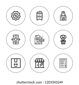 Store icon set. collection of 9 outline store icons with cabinet, clerk, discount, gift, grocery, online shop, package, receipt icons. editable icons.