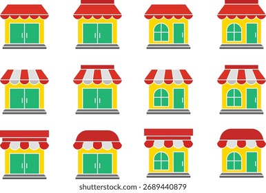 Store icon set. Colored store icons in different styles. Retail icon set. Store symbol. Shop icon set. Shop symbol. Store Building. Shop building. Vector illustration