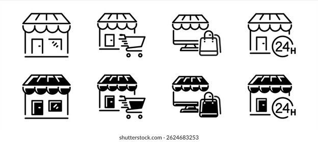 store icon set. containing retail, storefronts, E-commerce platforms, cart, 24H service representation thin line and flat icon for your app and web. vector illustration