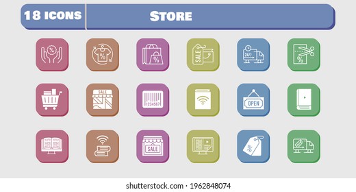 store icon set. included audiobook, shop, voucher, book, discount, delivery truck, shopping bag, ebook, shirt, price tag icons on white background. linear, filled styles.