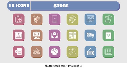 store icon set. included audiobook, shop, discount, delivery truck, online shop, shopping bag, sale, shirt, ebook, shopping cart icons on white background. linear, filled styles.