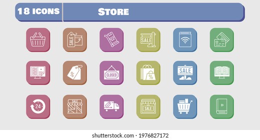 store icon set. included audiobook, shop, delivery truck, shopping basket, trolley, shopping bag, sale, 24-hours, ebook icons on white background. linear, filled styles.
