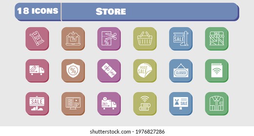 store icon set. included audiobook, shop, voucher, book, discount, delivery truck, shopping basket, trolley, online shop, sale icons on white background. linear, filled styles.