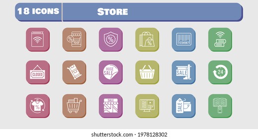 store icon set. included audiobook, shop, book, shopping-basket, trolley, shopping bag, online shop, sale, 24-hours, shirt icons on white background. linear, filled styles.