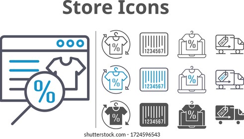 store icon set included online shop, shirt, delivery truck, barcode icons