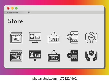 store icon set. included online shop, shop, discount, open icons on white background. linear, filled styles.