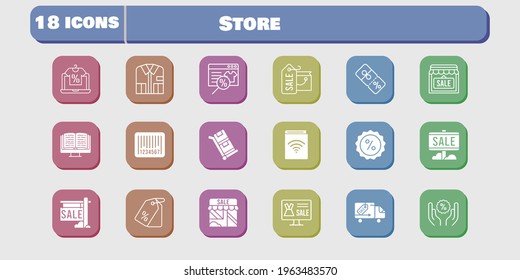 store icon set. included online shop, shopping bag, sale, audiobook, shop, shirt, ebook, price tag, discount, delivery truck, barcode icons on white background. linear, filled styles.