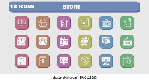 store icon set. included online shop, shopping bag, audiobook, sale, shirt, ebook, shop, price tag, shopping cart, closed icons on white background. linear, filled styles.