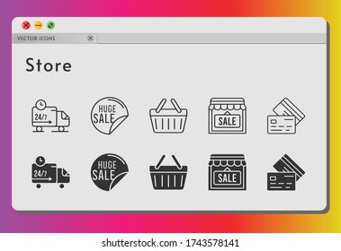store icon set. included sale, shop, shopping-basket, delivery truck, credit card, shopping basket icons on white background. linear, filled styles.