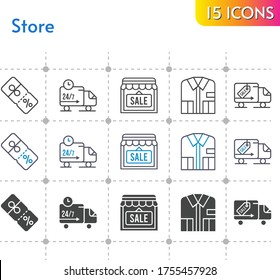 store icon set. included shop, shirt, discount, delivery truck icons on white background. linear, bicolor, filled styles.