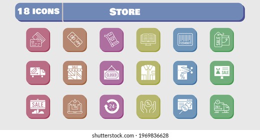 store icon set. included shop, voucher, discount, delivery truck, trolley, online shop, shopping bag, sale, 24-hours, ebook icons on white background. linear, filled styles.