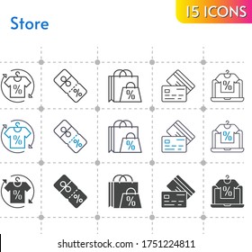 store icon set. included shopping bag, online shop, shirt, discount, credit card icons on white background. linear, bicolor, filled styles.