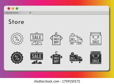 store icon set. included shopping bag, sale, shirt, discount, delivery truck icons on white background. linear, filled styles.